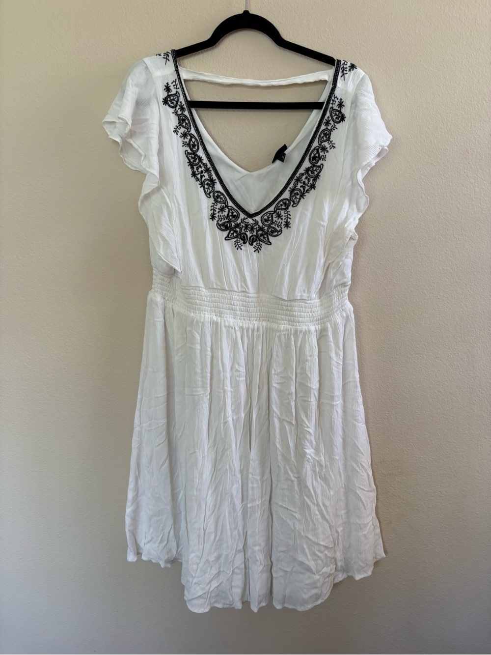 torrid White Mini Dress with Black Embroidered V-Neck